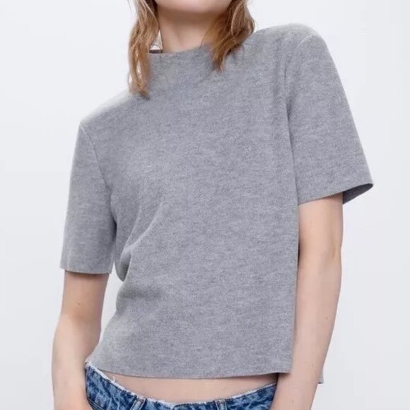 Zara | EUC Trafaluc Gray Mock Neck Short Sleeve Knit Sweater Top Size Large - Picture 1 of 8
